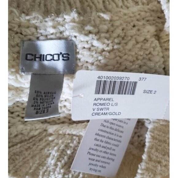 Chico's Romeo Cream Gold Sparkle Cozy Sweater V-Neck Size 2 /L 12 New With Tag - Picture 7 of 7